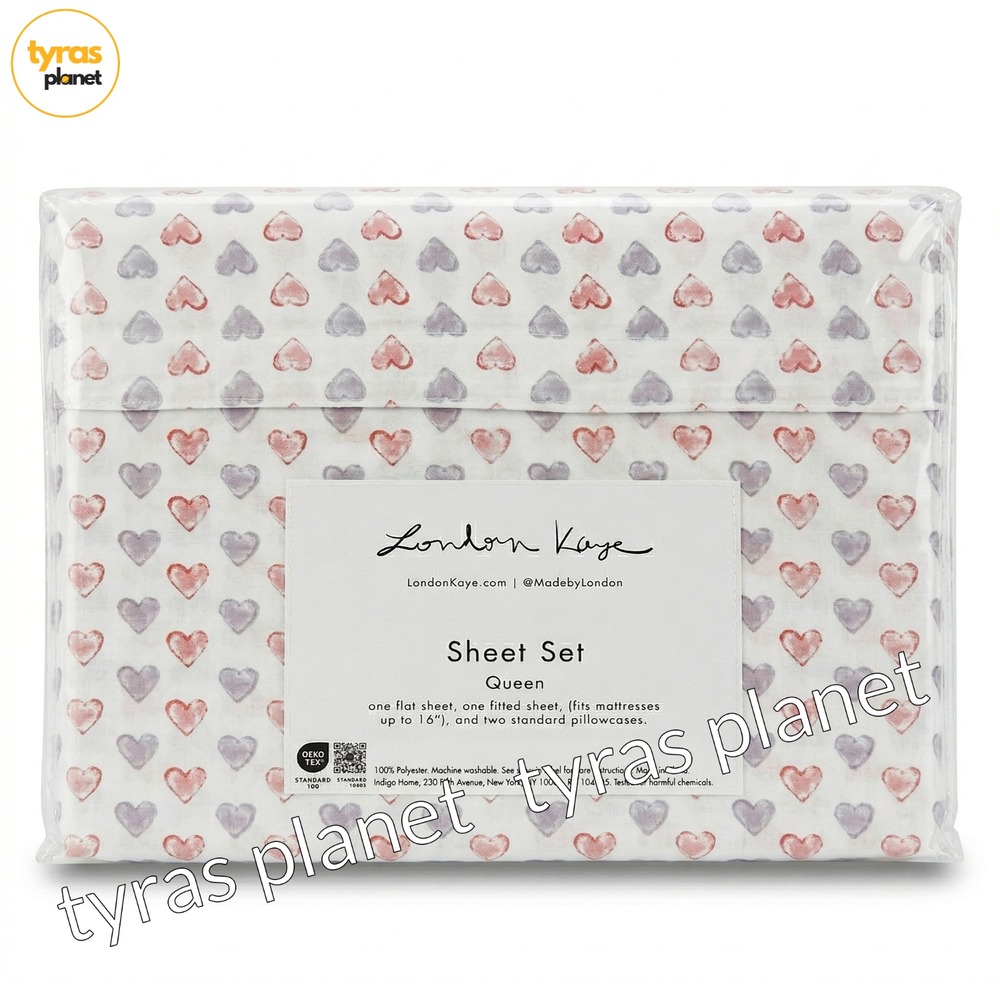 London Kaye Pink Purple Simple Hearts Queen Sheet Set White Romantic Bedding